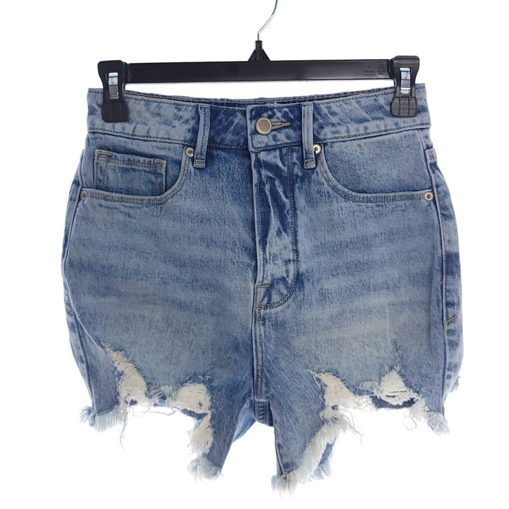Good American Womens Size 00/24 Blue Distressed Button Fly Shorts - Picture 2 of 9